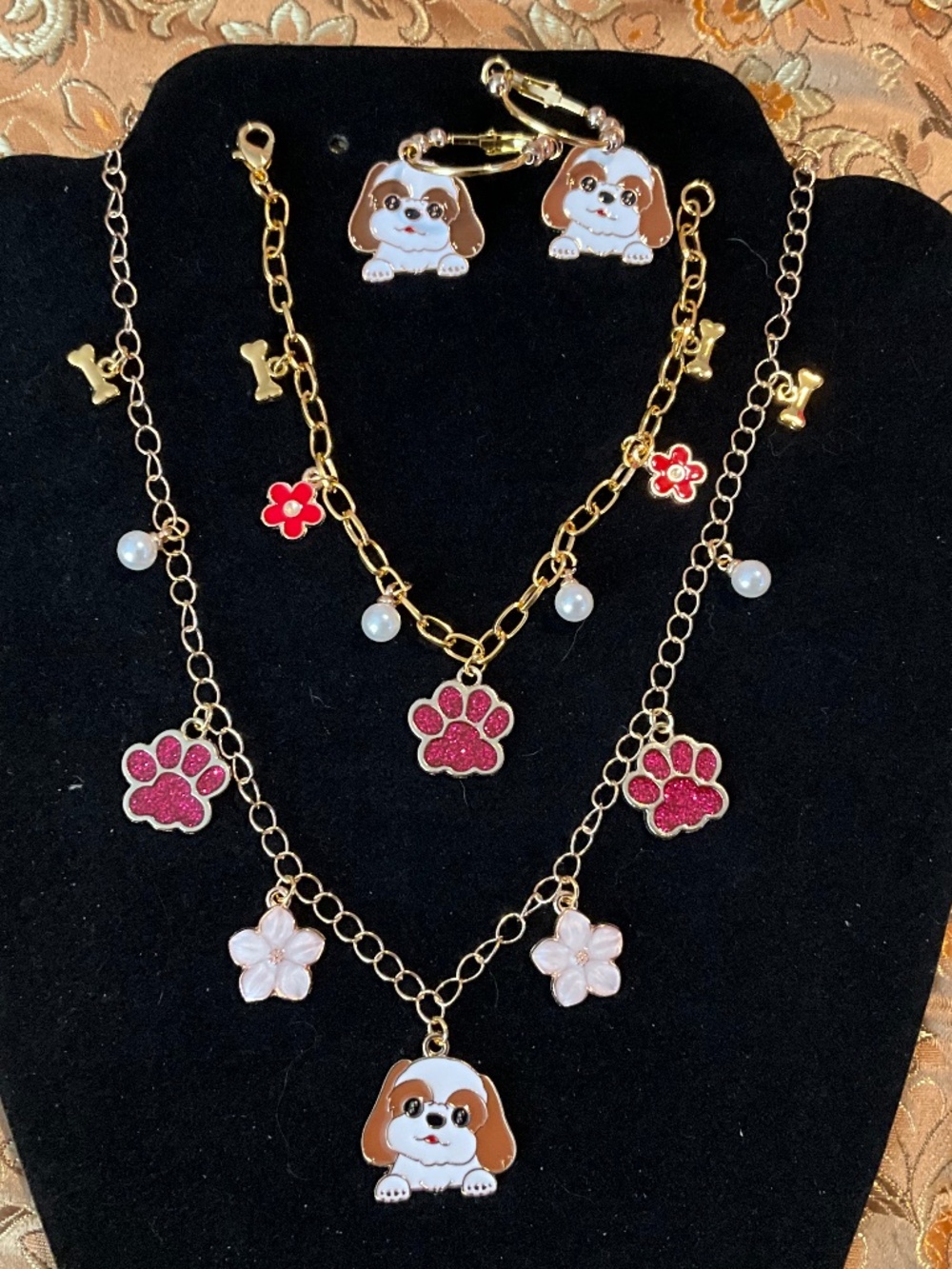 Parky’s Place Puppy Paw Print Necklace Bracelet Earrings Set